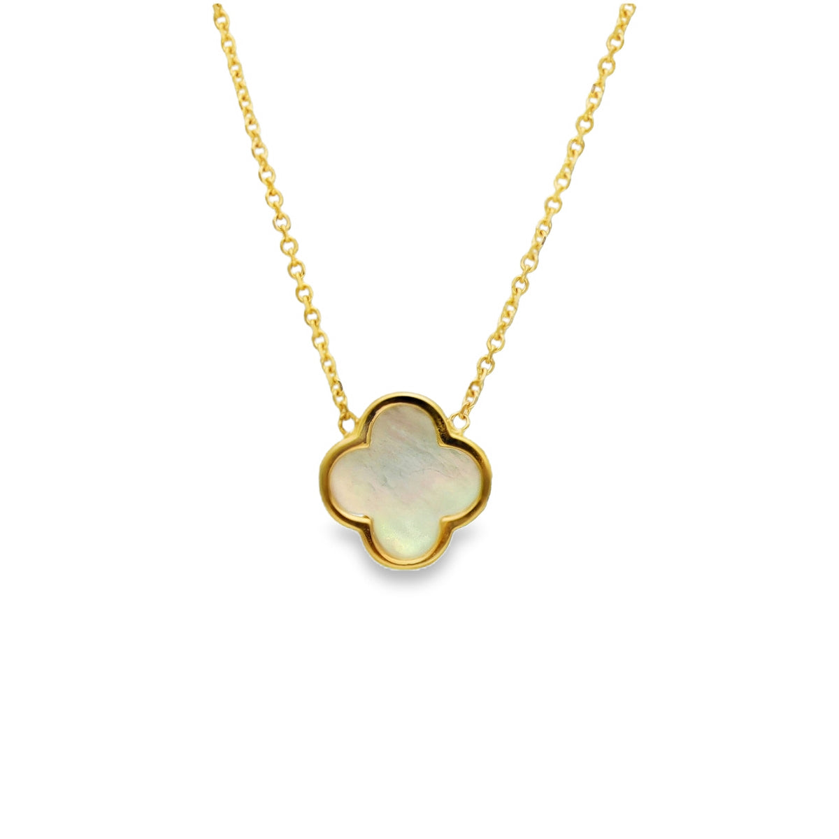 9ct Yellow Gold Mother of Pearl Clover Pendant & Necklace - 18"