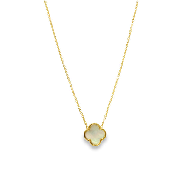 9ct Yellow Gold Mother of Pearl Clover Pendant & Necklace - 18"