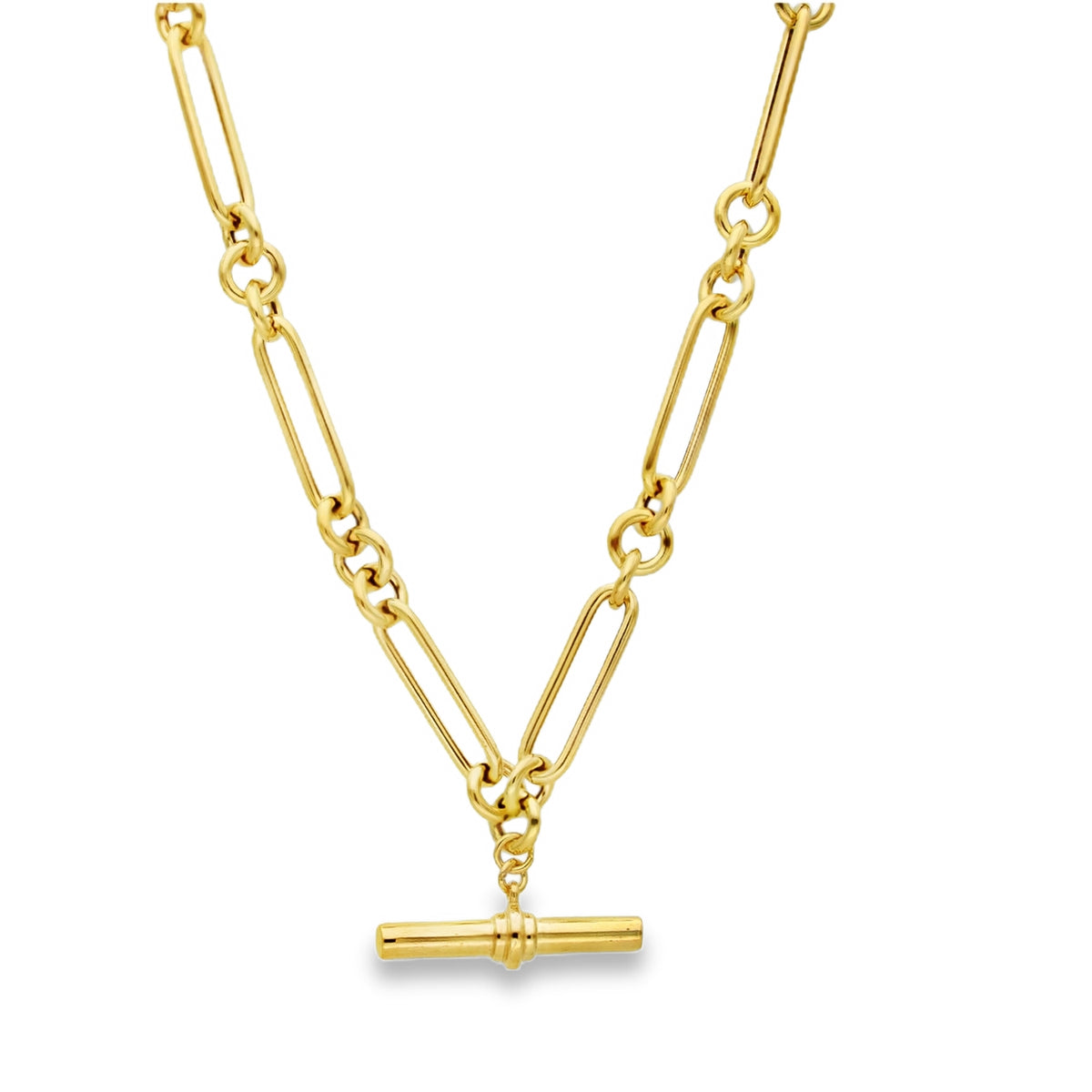 9ct Yellow Gold Hollow Figarolo Chain & T-Bar - 18" - 5.9g