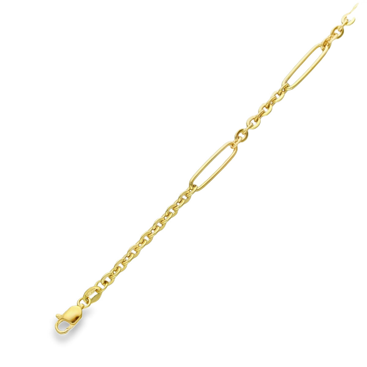 9ct Yellow Gold Hollow Figarolo Bracelet T-Bar - 7.5" - 2.6g
