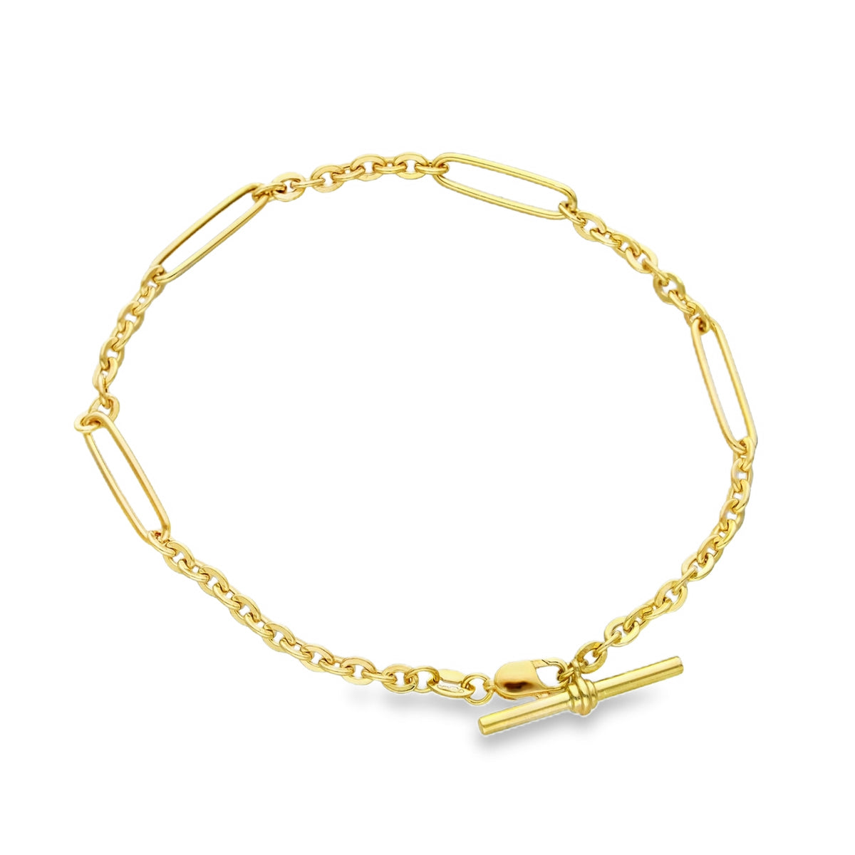 9ct Yellow Gold Hollow Figarolo Bracelet T-Bar - 7.5" - 2.6g
