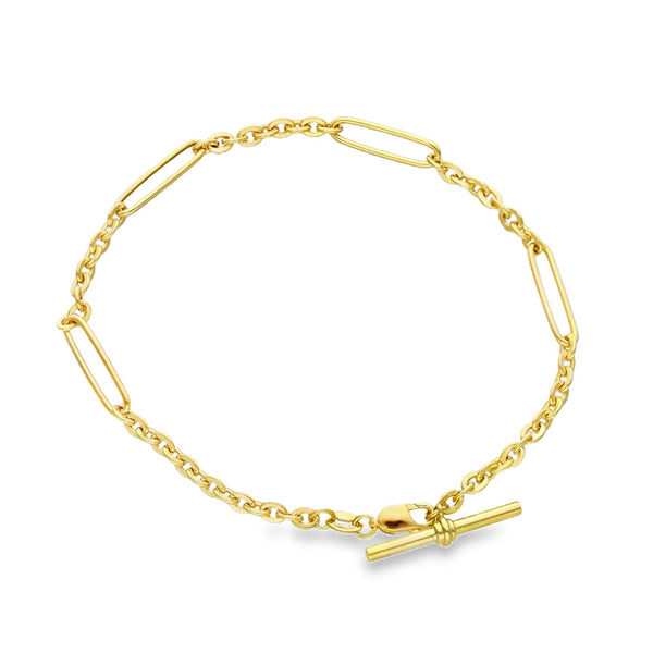 9ct Yellow Gold Hollow Figarolo Bracelet T-Bar - 7.5" - 2.6g