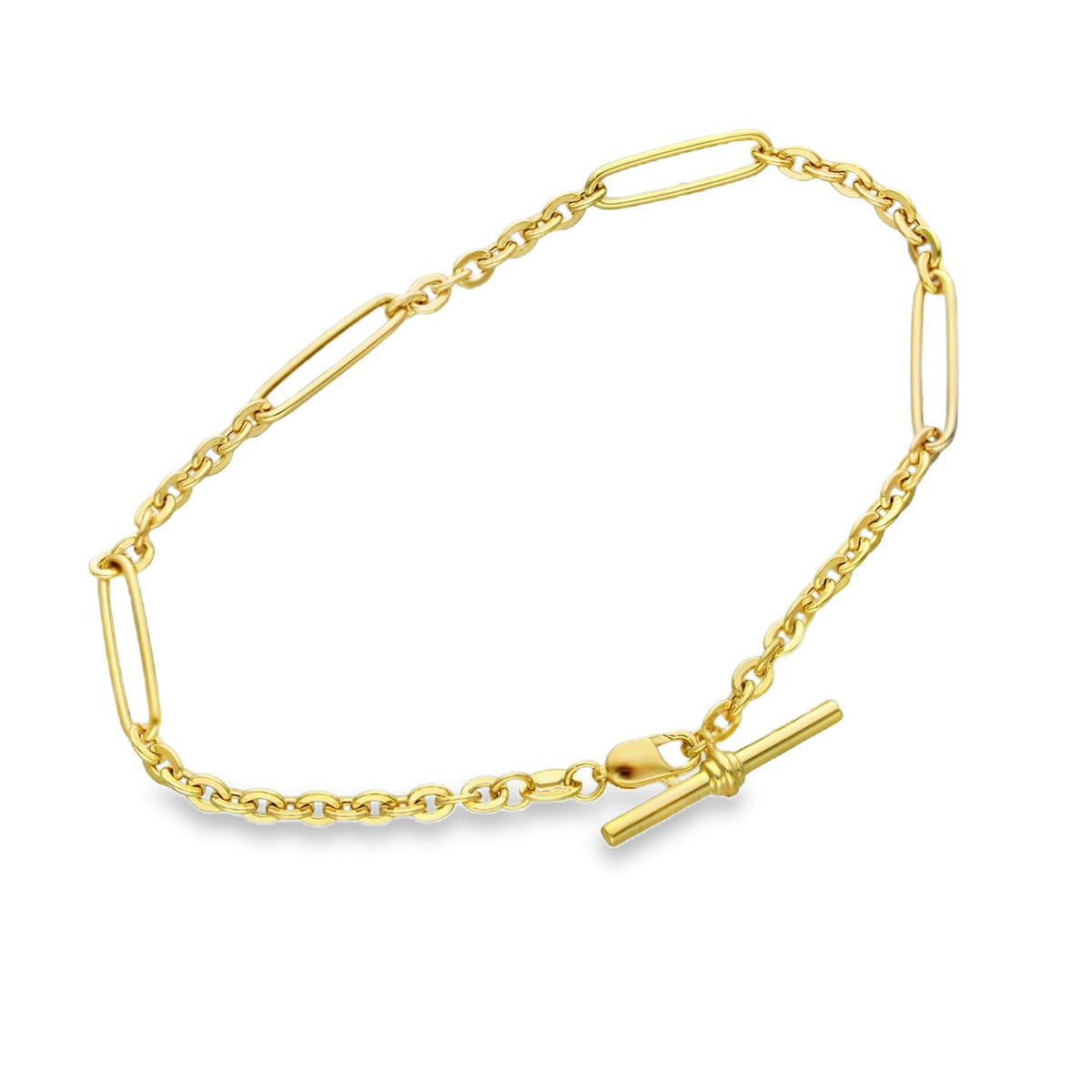 9ct Yellow Gold Hollow Figarolo Bracelet T-Bar - 7.5" - 2.6g