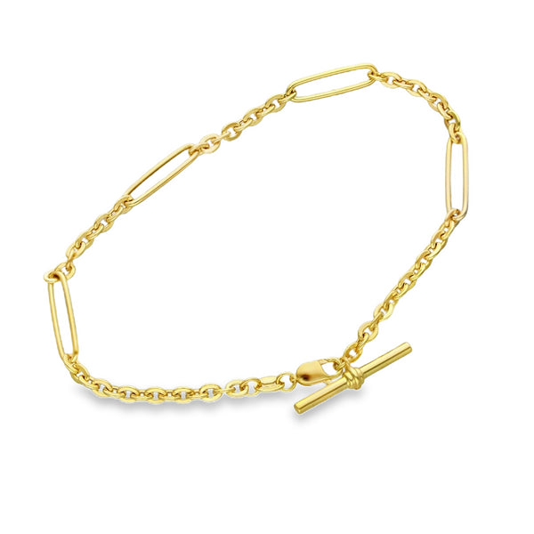 9ct Yellow Gold Hollow Figarolo Bracelet T-Bar - 7.5" - 2.6g