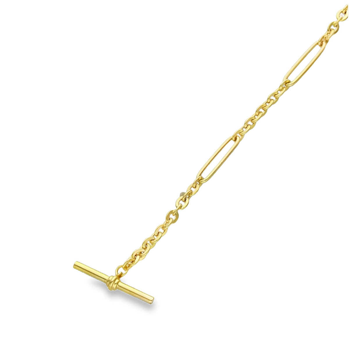 9ct Yellow Gold Hollow Figarolo Bracelet T-Bar - 7.5" - 2.6g