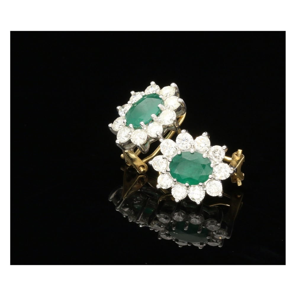 Emerald and Diamond Oval Cluster Stud