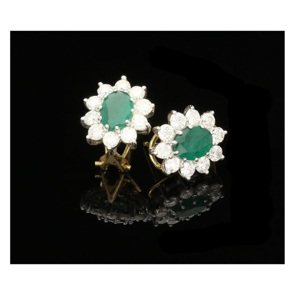 Emerald and Diamond Oval Cluster Stud