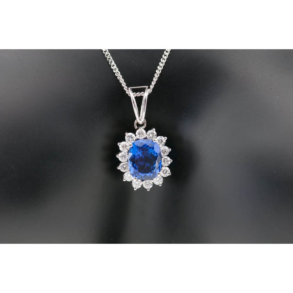 Tanzanite & Diamond Cluster Pendant & Chain 18ct White Gold
