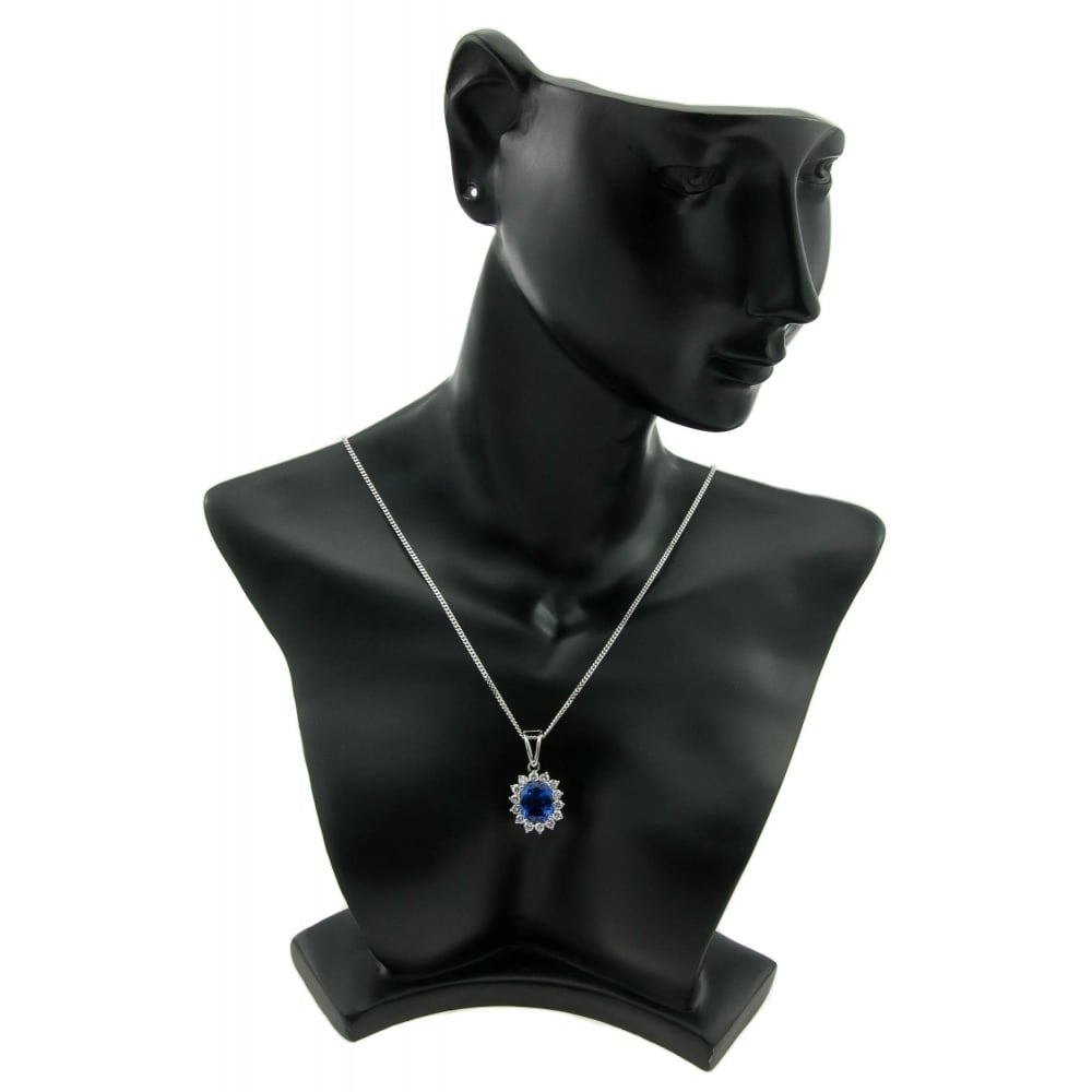 Tanzanite & Diamond Cluster Pendant & Chain 18ct White Gold