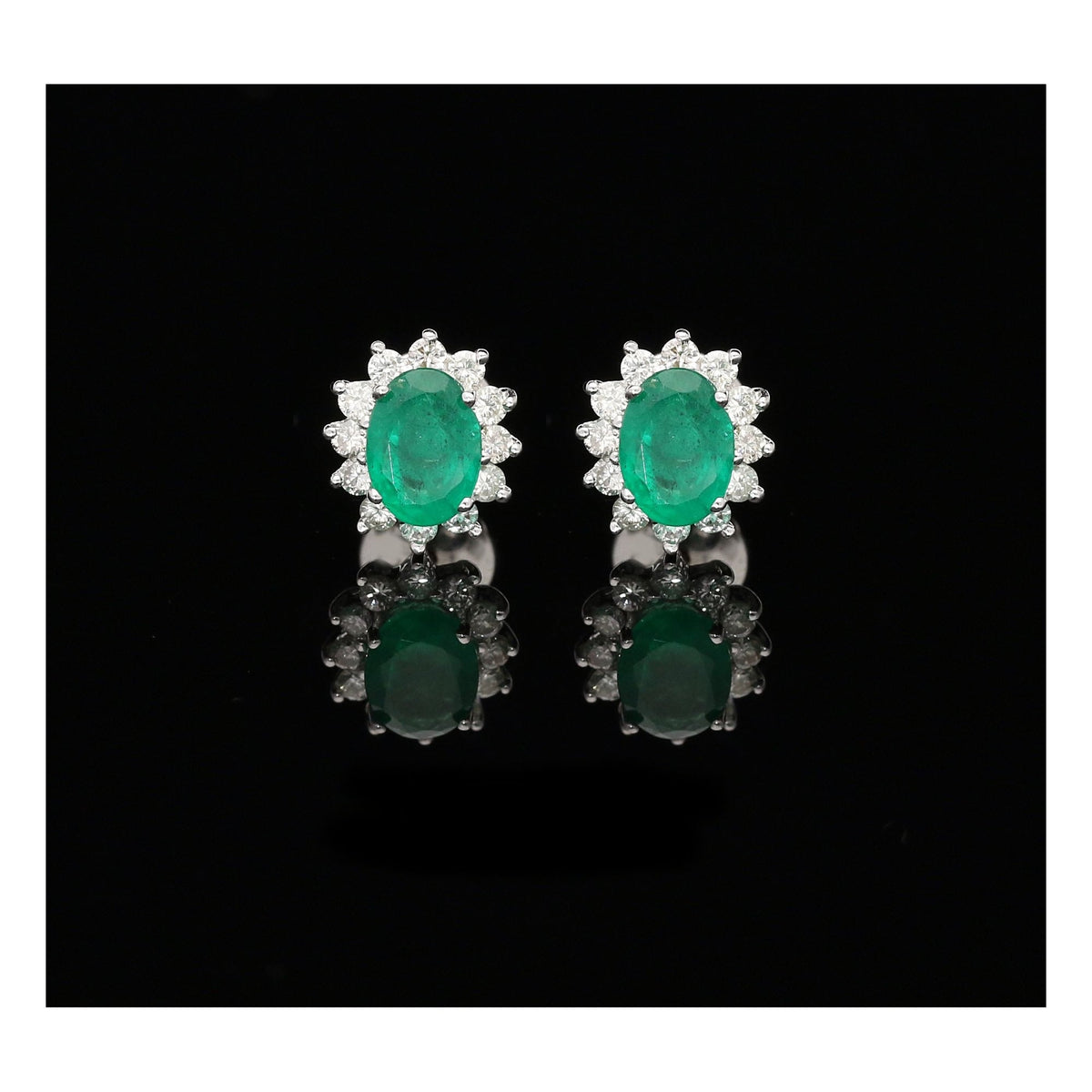 18ct White Gold Emerald and Diamond Cluster Earrings
