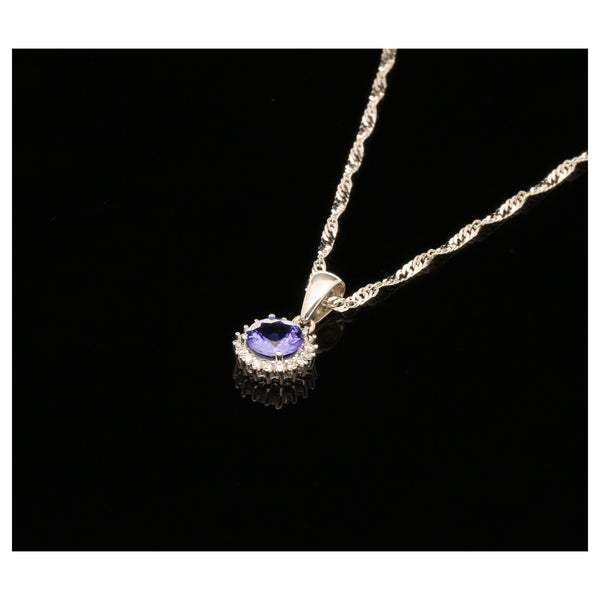 9ct White Gold Blue Tanzanite & Diamond Pendant & Chain