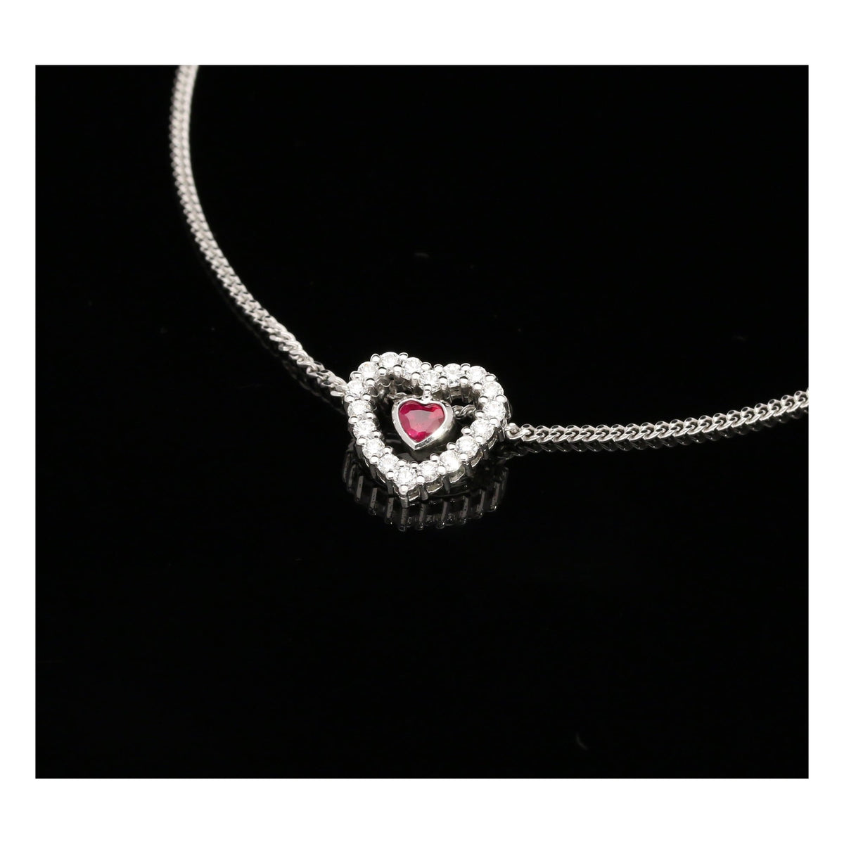 18ct White Gold Ruby & Diamond Heart Pendant & Chain