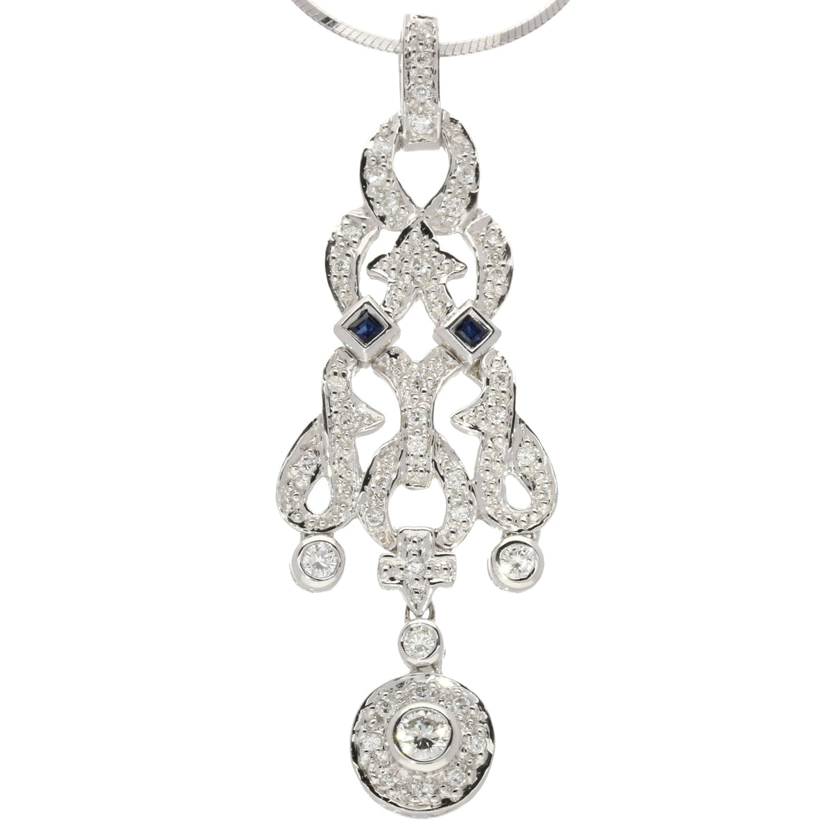 Fancy 18ct White Gold Diamond & Sapphire Pendant & Chain