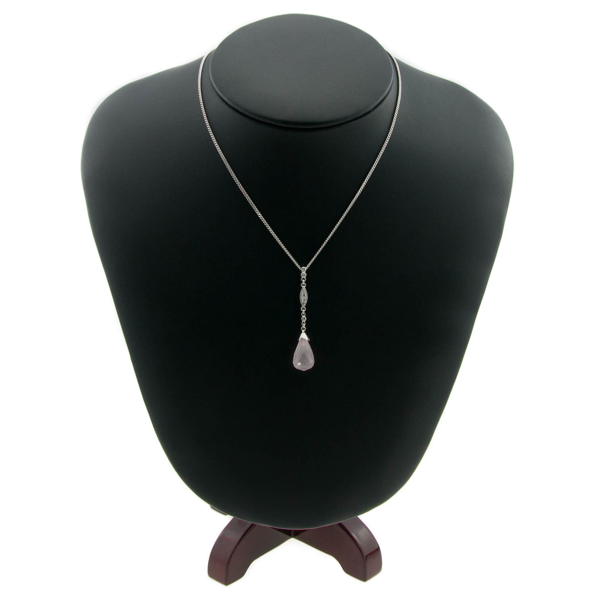 9ct White Gold Diamond & Rose Quartz Pendant & Chain