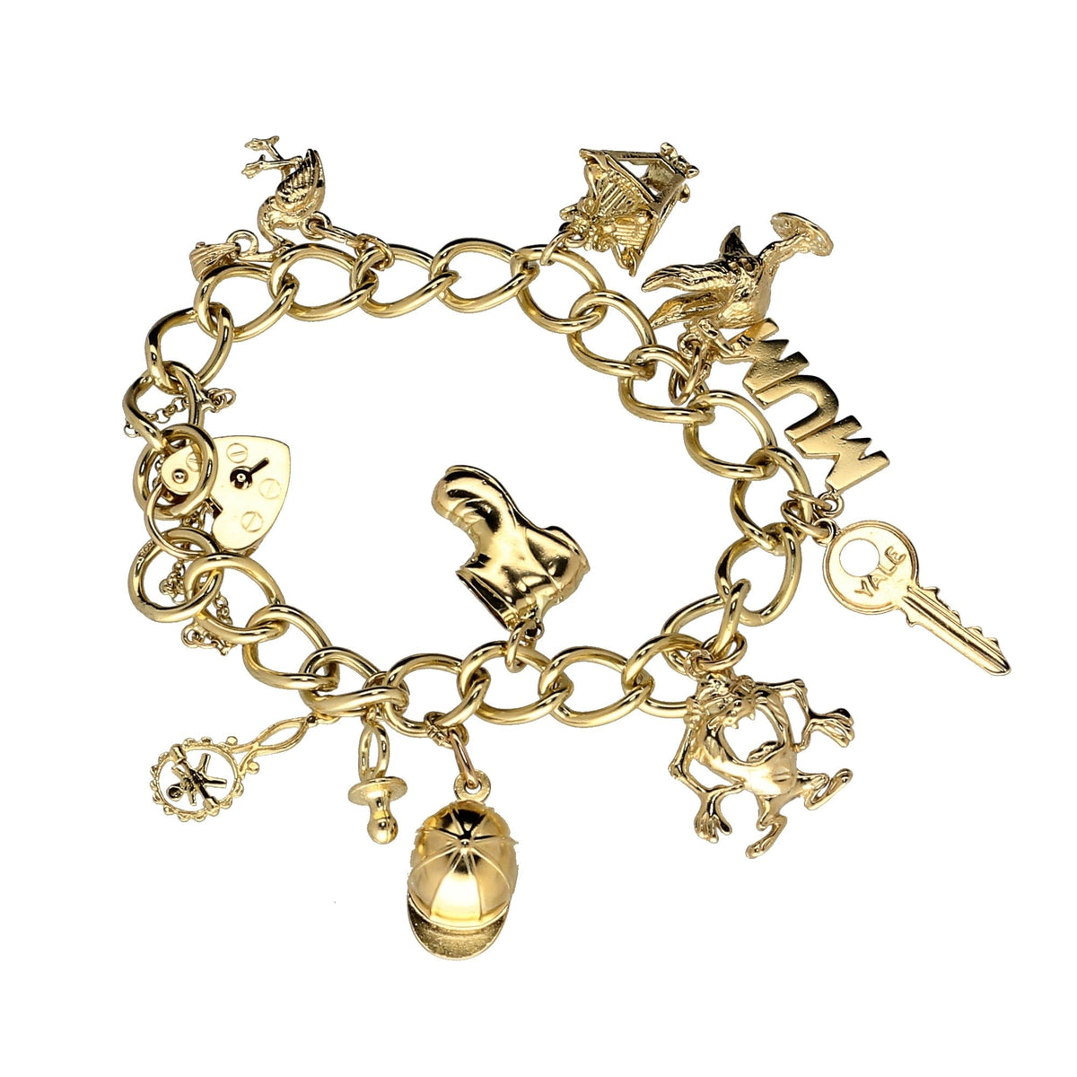 9ct Yellow Gold  Ladies Charm Bracelet 9 Charms - 38.90 grams.