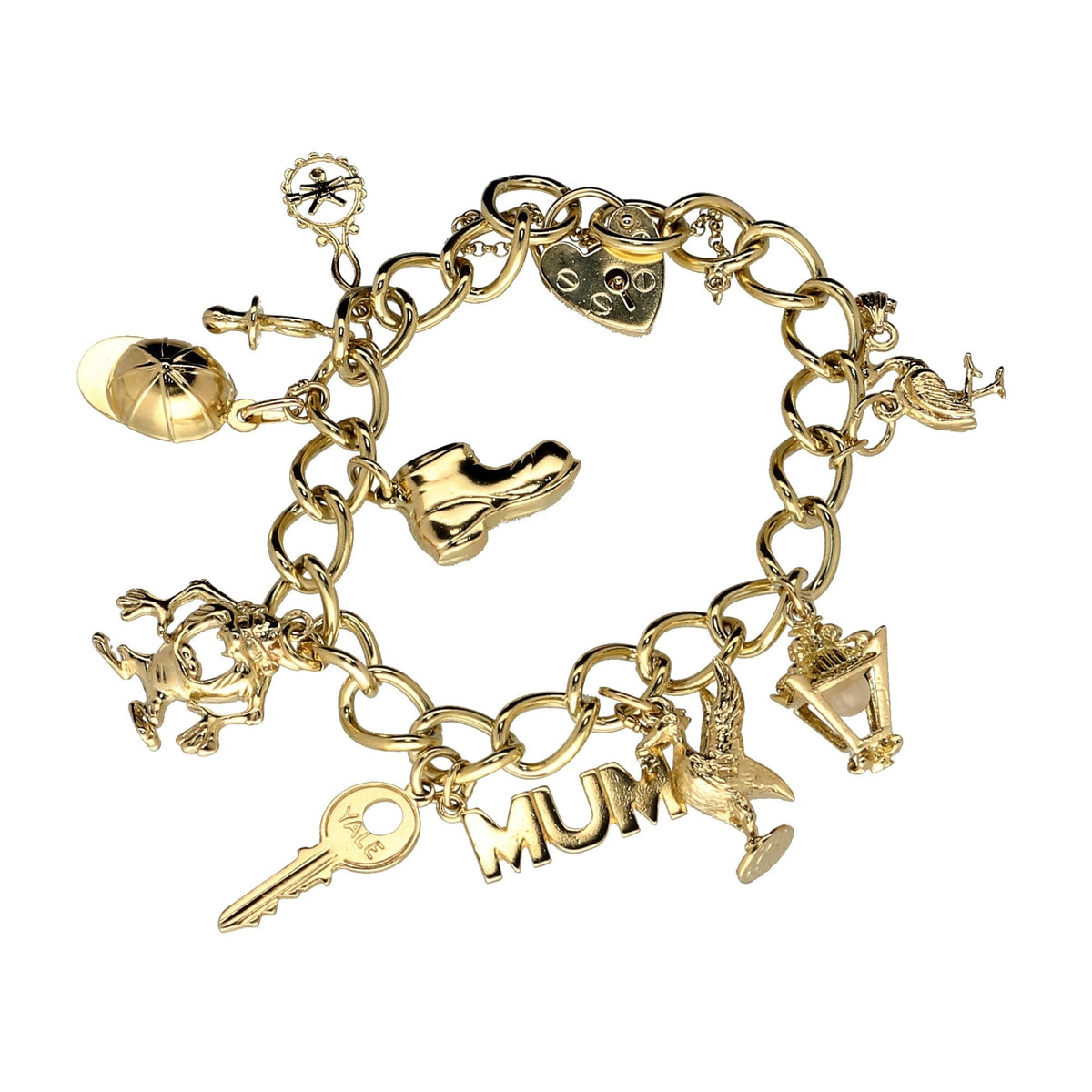 9ct Yellow Gold  Ladies Charm Bracelet 9 Charms - 38.90 grams.