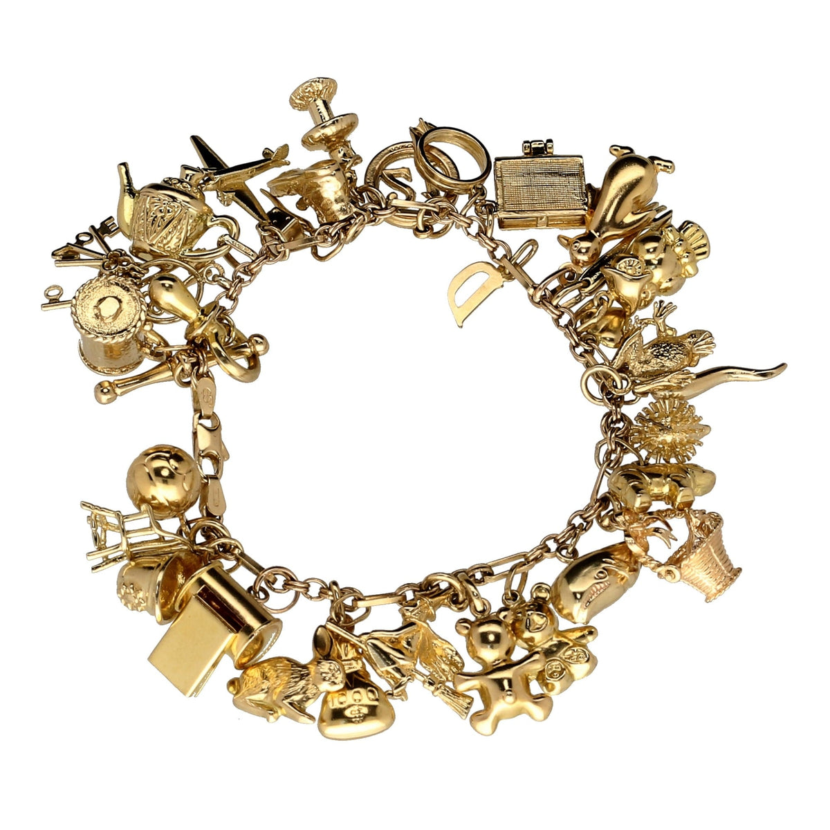 9ct Yellow Gold  Ladies Charm Bracelet 32 Charms - 49.4 grams.