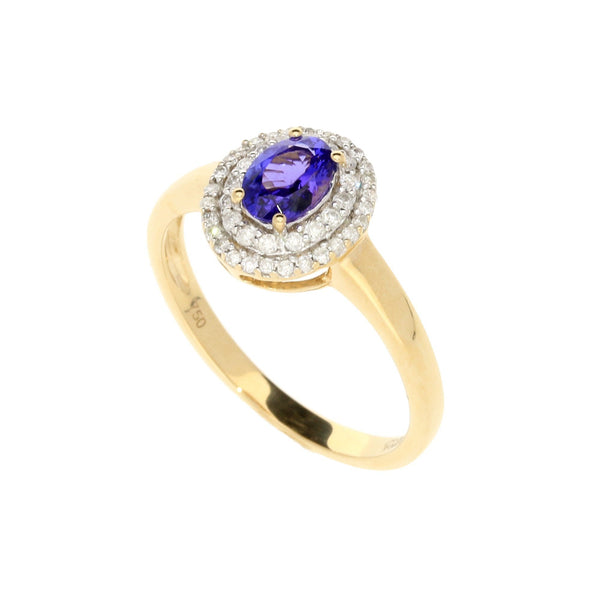 18ct Yellow Gold Blue Tanzanite and Diamond Ring