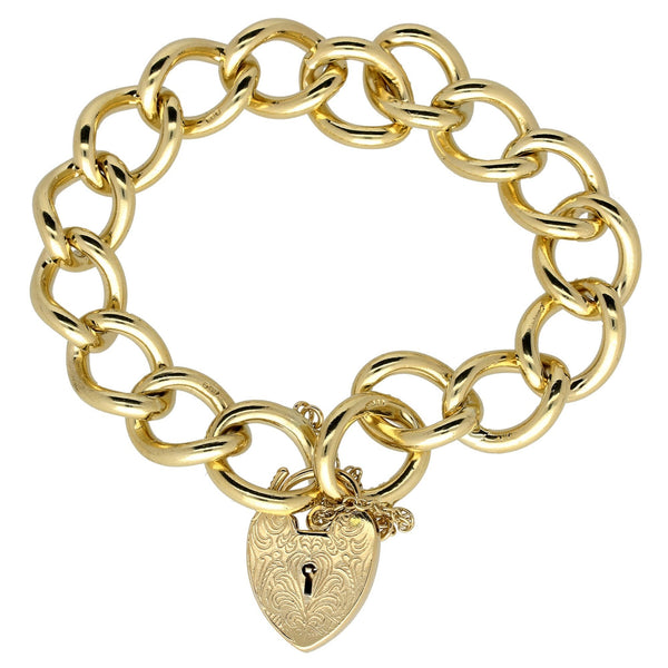 9ct Yellow Gold Ladies Engraved Heart Charm Bracelet - 58.1g