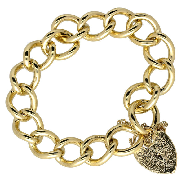 9ct Yellow Gold Ladies Engraved Heart Charm Bracelet - 58.1g