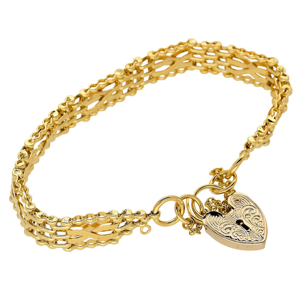 9ct Yellow Gold Ladies Engraved Heart Gate Bracelet - 21.0g