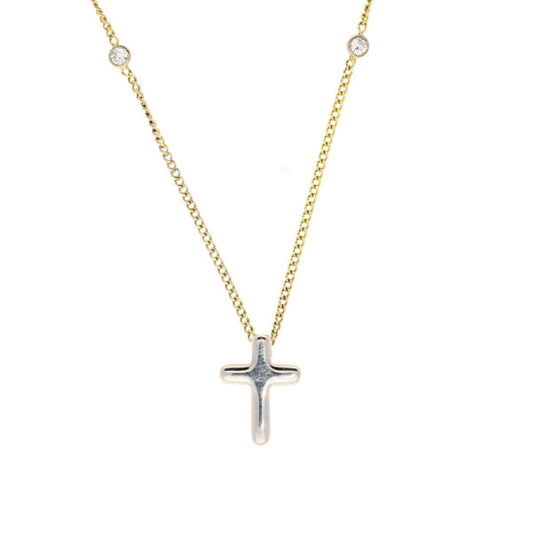 18ct White Gold Cross on Yellow Gold Diamond Necklace - 0.10ct