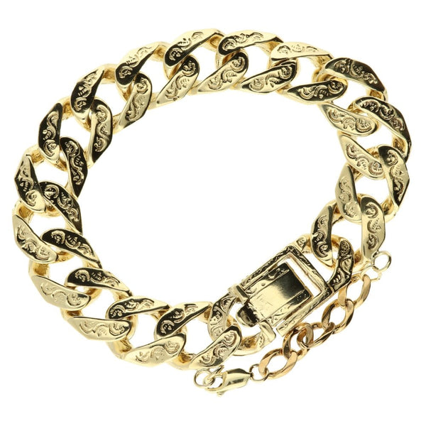 9ct Yellow Gold Heavy Patterned Curb Bracelet - 92.3g