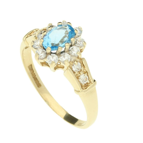 9ct Yellow Gold Blue Topaz & CZ Cluster Ring - 2.2g