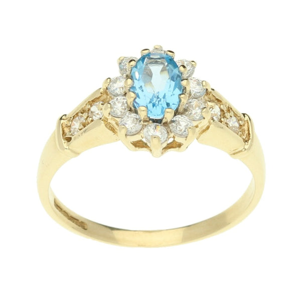 9ct Yellow Gold Blue Topaz & CZ Cluster Ring - 2.2g