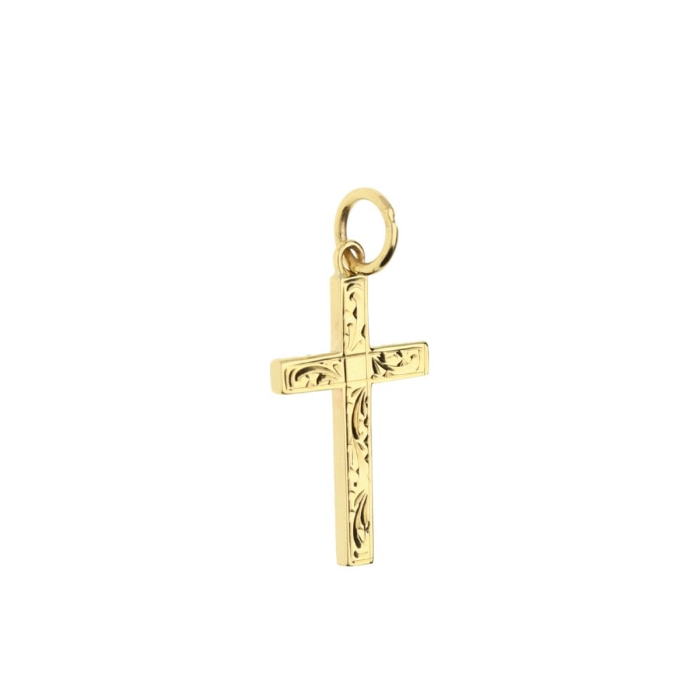 Small 9ct Yellow Gold Scroll Patterned Cross - 1.2g
