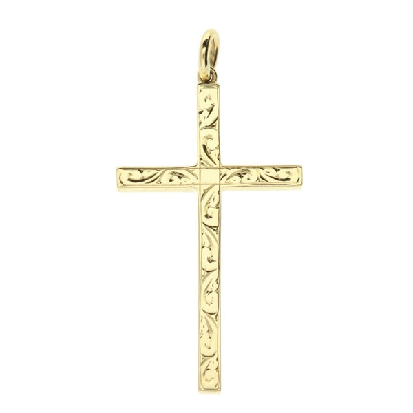 Large 9ct Yellow Gold Scroll Patterned Cross - 5.9g