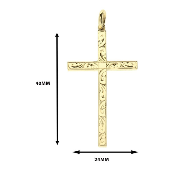 Large 9ct Yellow Gold Scroll Patterned Cross - 5.9g