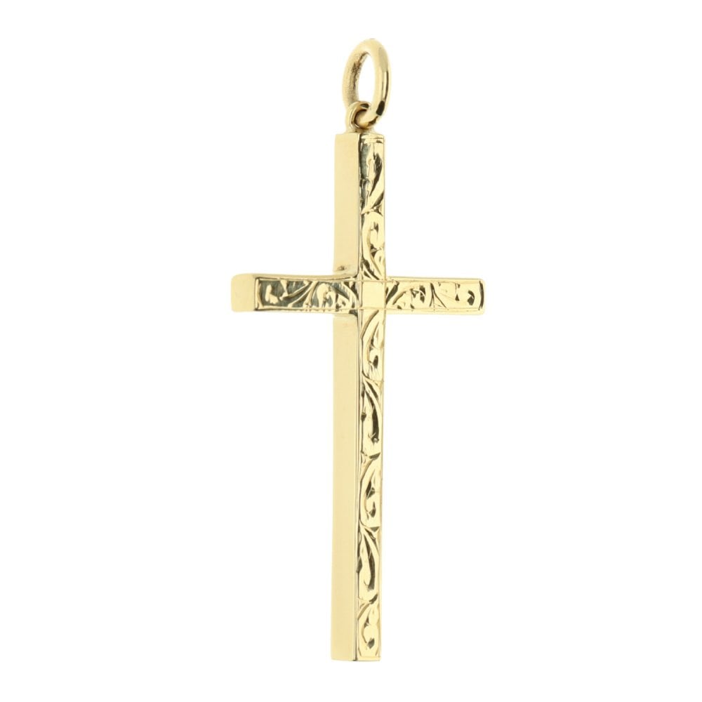 Large 9ct Yellow Gold Scroll Patterned Cross - 5.9g