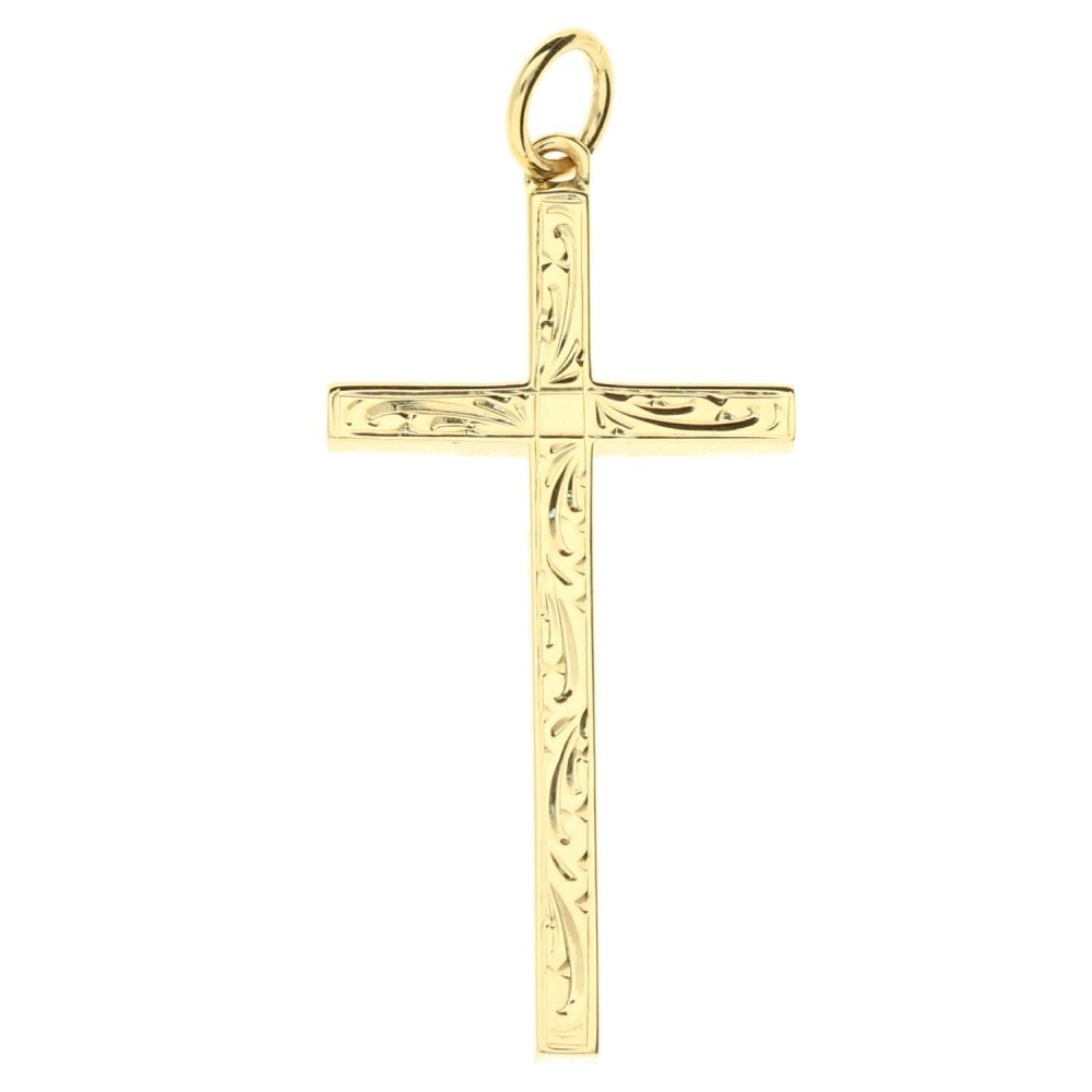 9ct Yellow Gold Scroll-Patterned Cross Pendant - 18x34mm - 3.3g