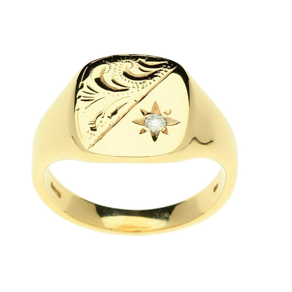 9ct Yellow Gold Gents Diamond Signet Ring - 8.10g