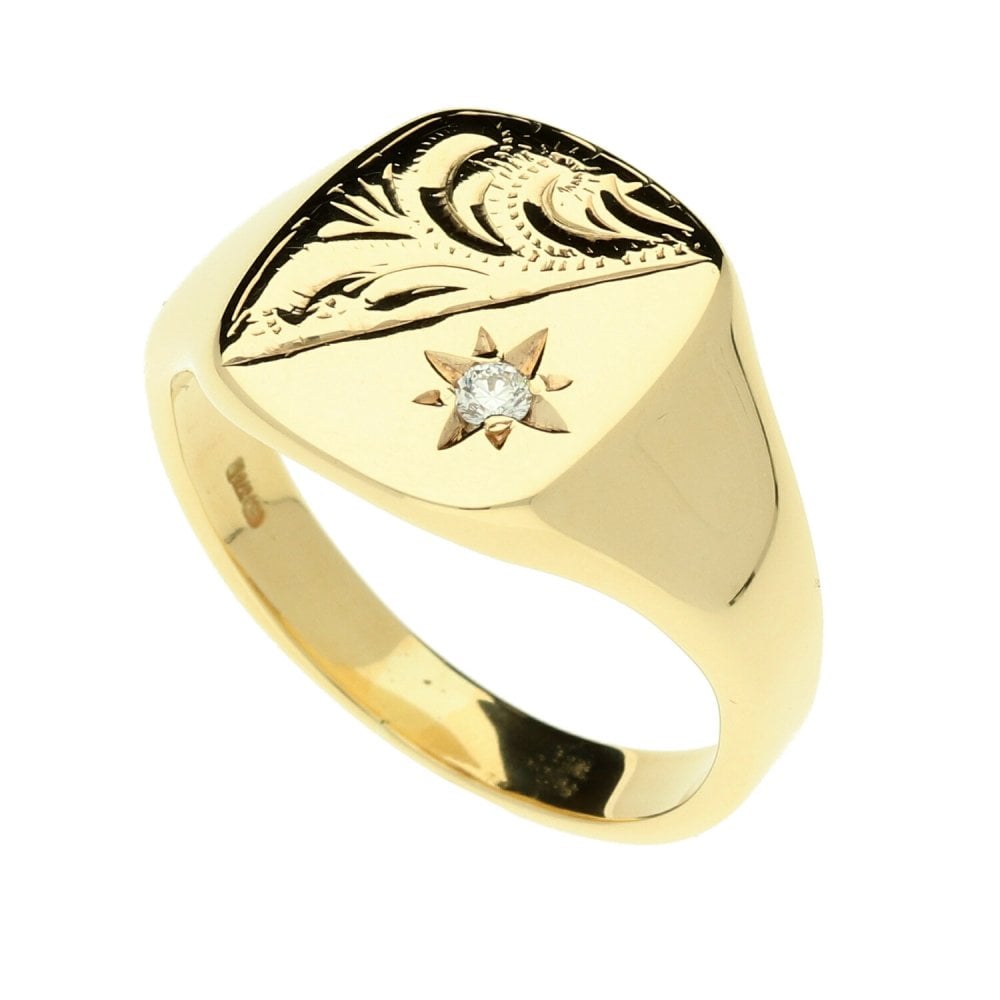 9ct Yellow Gold Gents Diamond Signet Ring - 8.10g