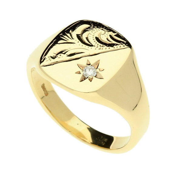 9ct Yellow Gold Gents Diamond Signet Ring - 8.10g