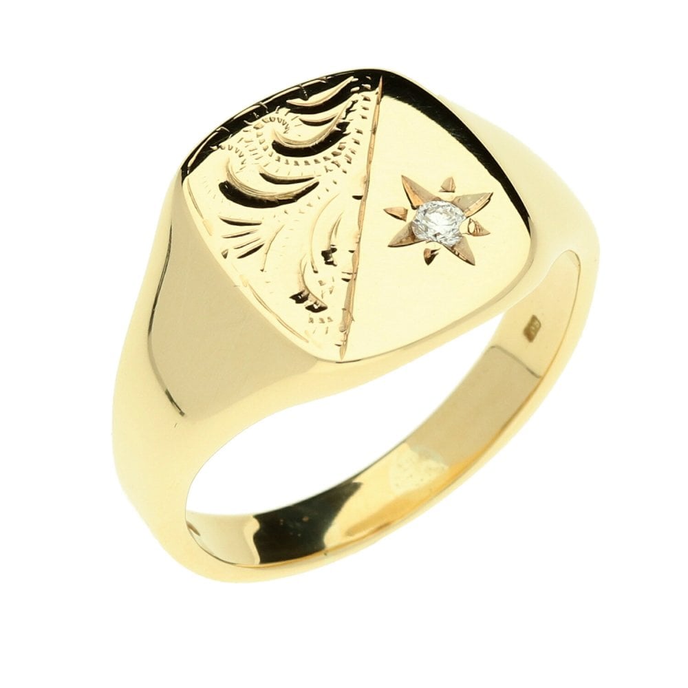9ct Yellow Gold Gents Diamond Signet Ring - 8.10g