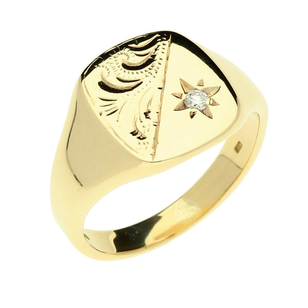 9ct Yellow Gold Gents Diamond Signet Ring - 8.10g