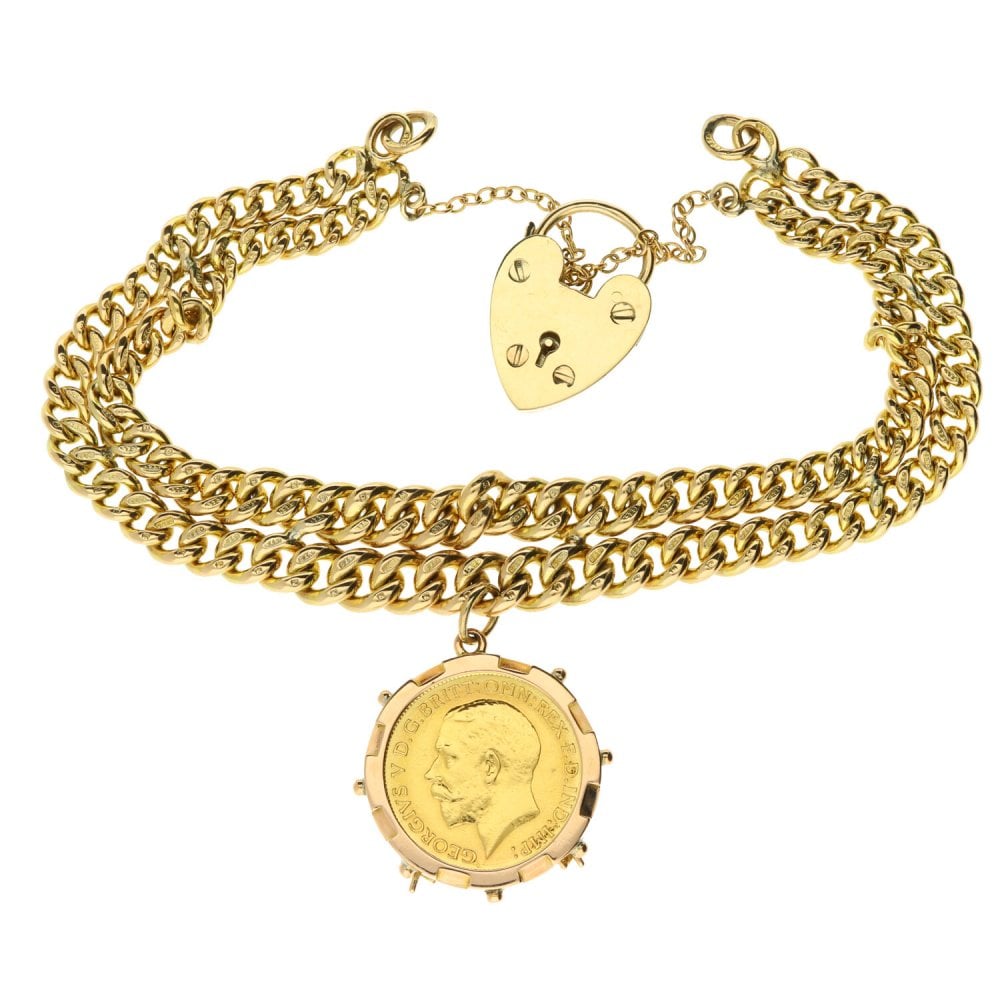 Gold Double Albert Bracelet & Half-Sovereign Coin Charm - 32.5g