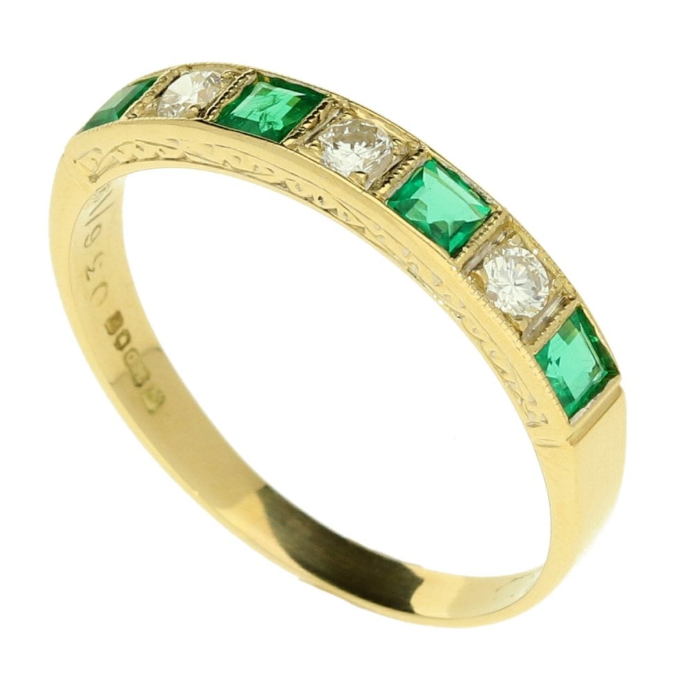 18ct Yellow Gold Emerald & Diamond Half Eternity Ring
