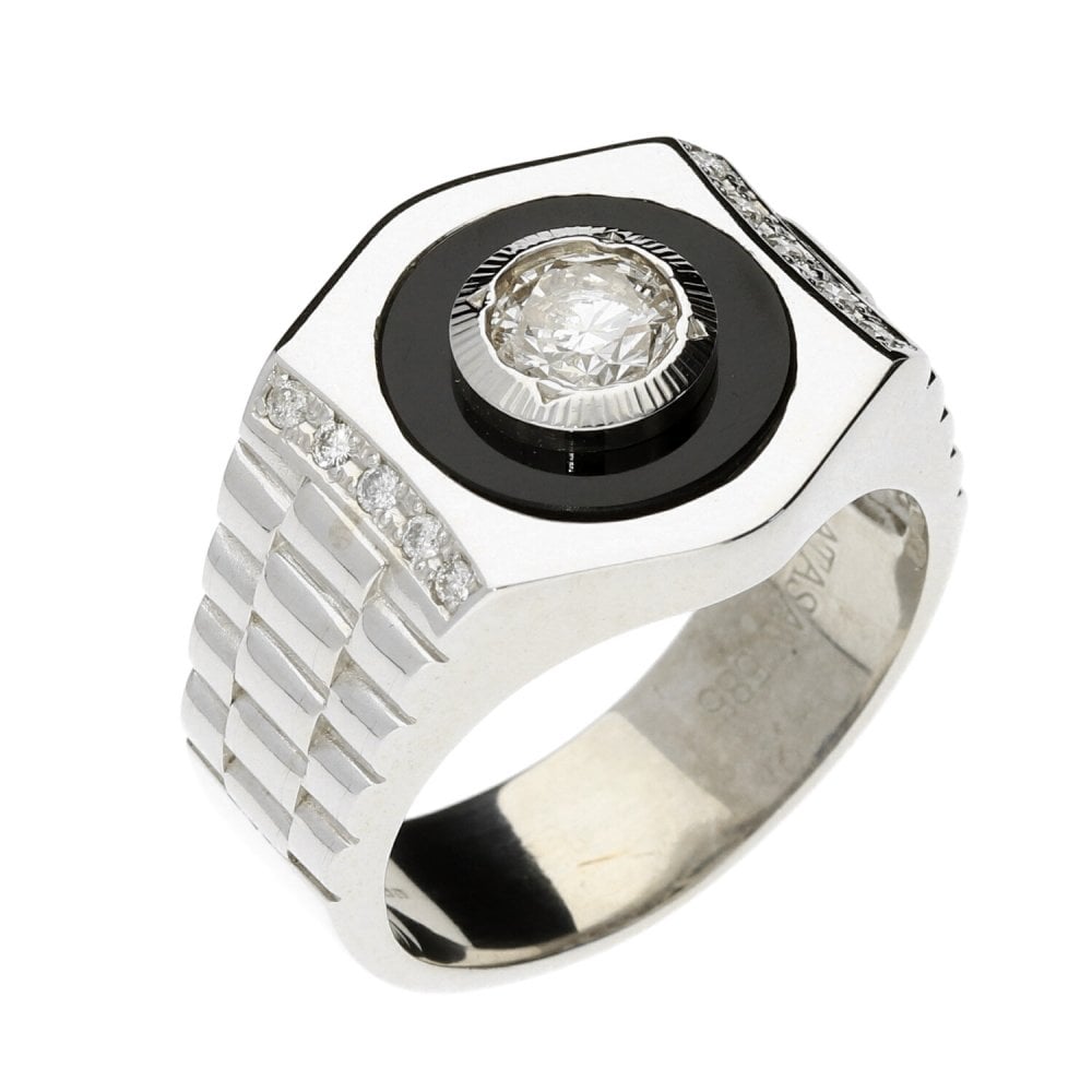 Gents 14ct White Gold Diamond & Onyx Ring