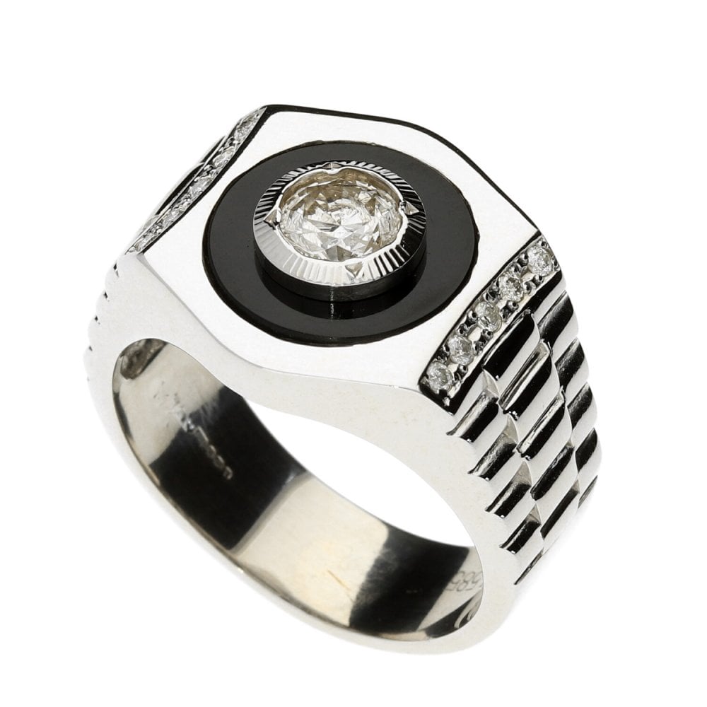 Gents 14ct White Gold Diamond & Onyx Ring