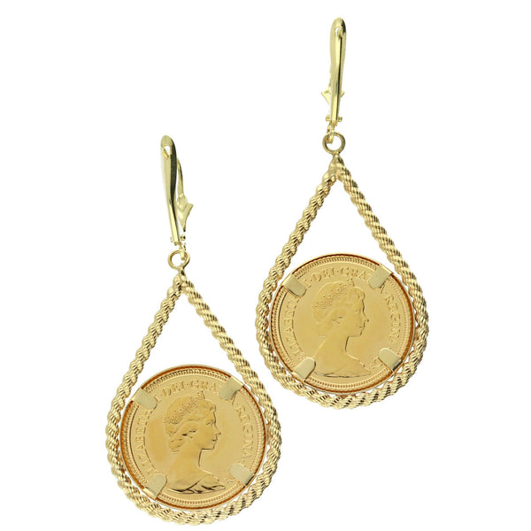 1982 Half Sovereign Earrings - Rope Tear Drop Design