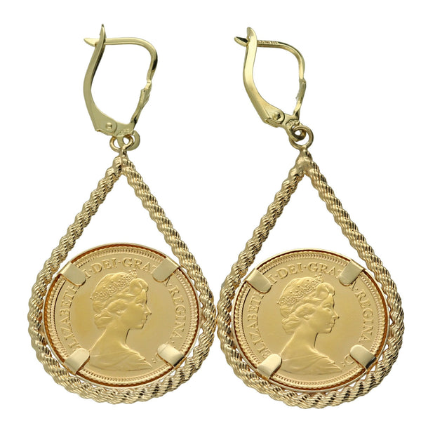 1982 Half Sovereign Earrings - Rope Tear Drop Design