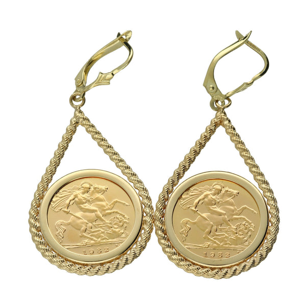 1982 Half Sovereign Earrings - Rope Tear Drop Design