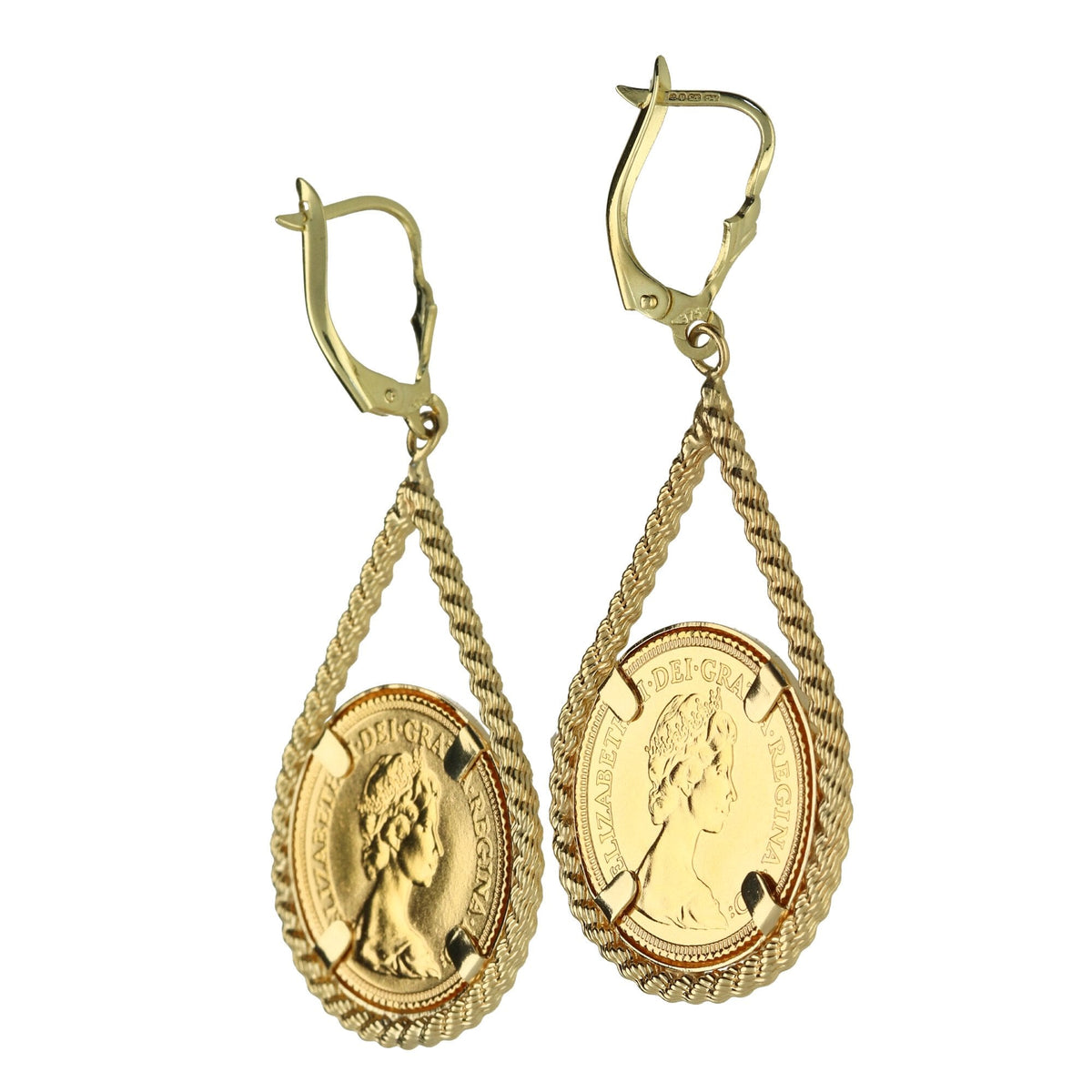 1982 Half Sovereign Earrings - Rope Tear Drop Design