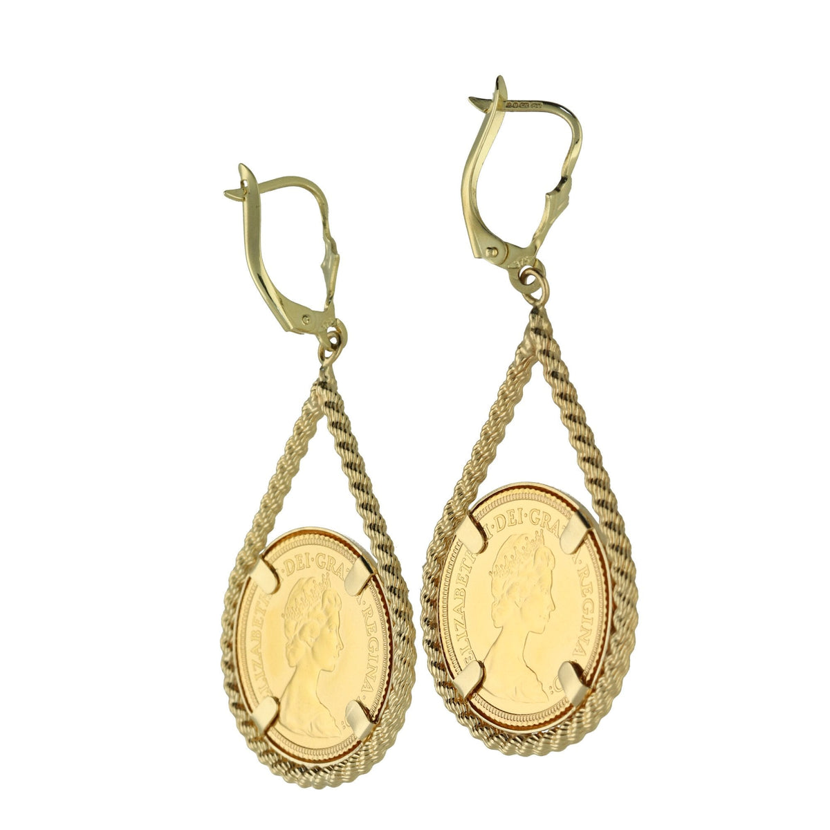 1982 Half Sovereign Earrings - Rope Tear Drop Design