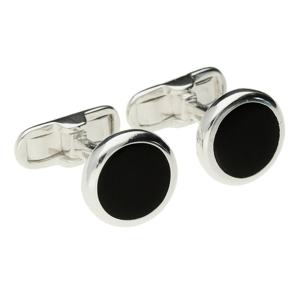 Black Enamel Circular Silver Cufflinks