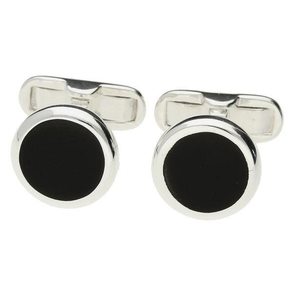 Black Enamel Circular Silver Cufflinks